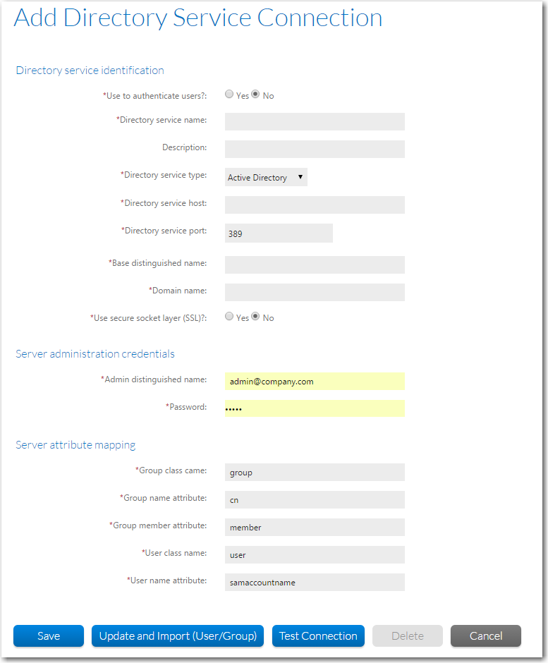 Edit Directory Service Connection Page