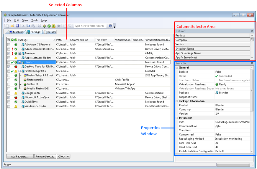Column Selector Area on the Packages Tab