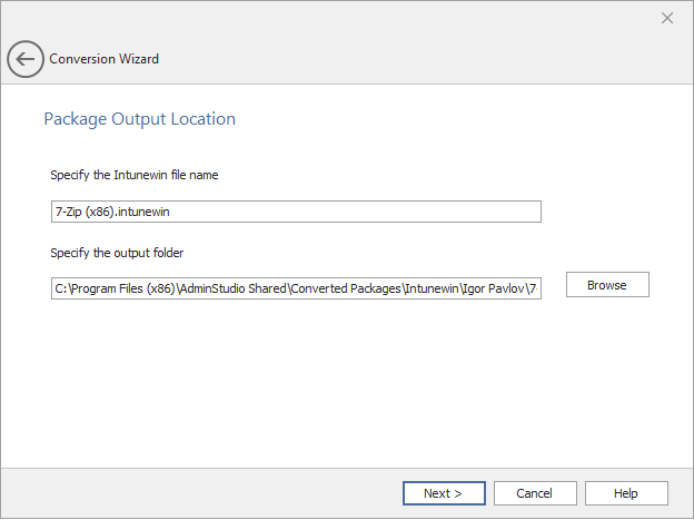 Conversion Wizard / Package Output Location Panel